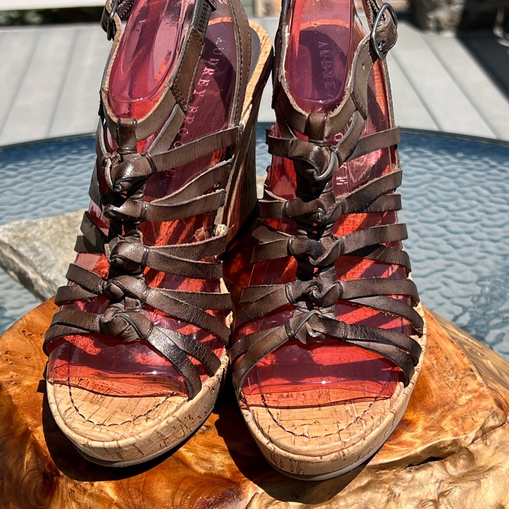 Audrey Brooke Leather Gladiator Wedge Sandals DK Brown SZ 7.5 NWOT